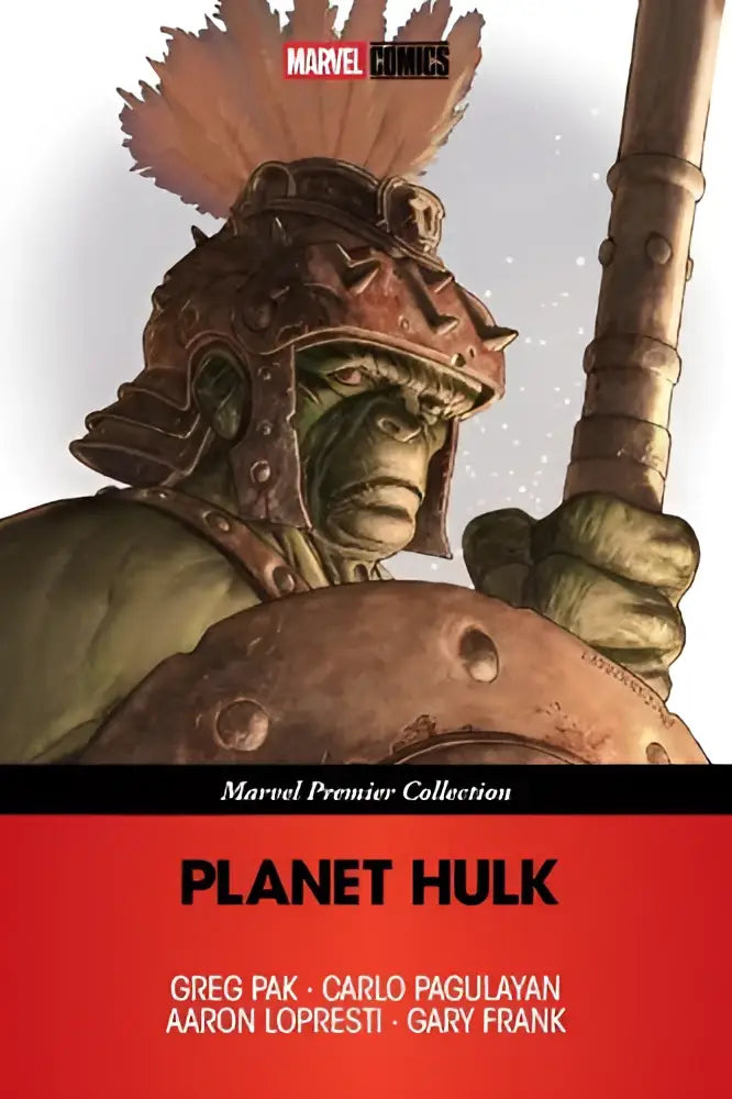 Cover art van planet hulk trade paperback met groene gespierde figuur in gedetailleerd metalen harnas van marvel premier collection