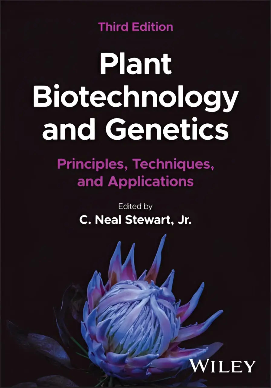 De boekcover toont een paarse en blauwe protea bloem met de titel plant biotechnology and genetics op een donkere achtergrond