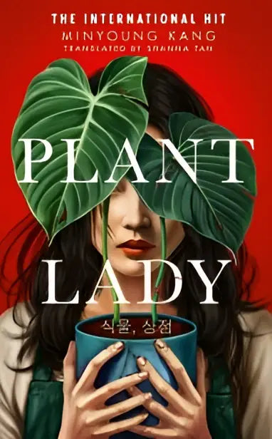 De boekcover van Plant Lady toont een vrouw met een blauw keramisch pot met grote groene bladeren tegen een rood vlak