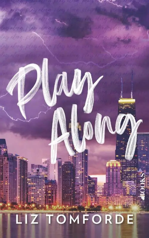 Paars stormachtig wolkenveld met bliksem boven de windy city skyline met play along titel en liz tomforde als auteur