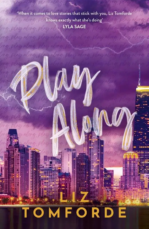 Purple cityscape book cover of play along in the windy city series with illuminated skyscrapers under stormy sky
