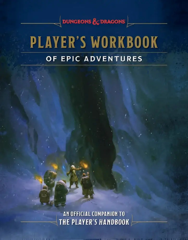De players workbook of epic adventures dungeons & dragons met donkerblauwe omslag en avonturiers in een sneeuwgrot als companion to the player’s handbook