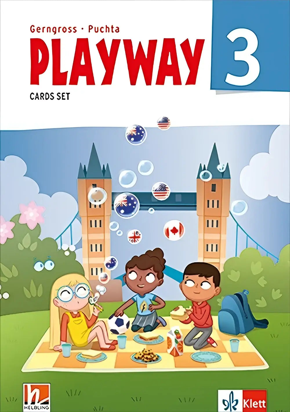 Playway 3 cards set klasse 3 featuring colorful educational cards with cartoon children picnicking and national flag bubbles