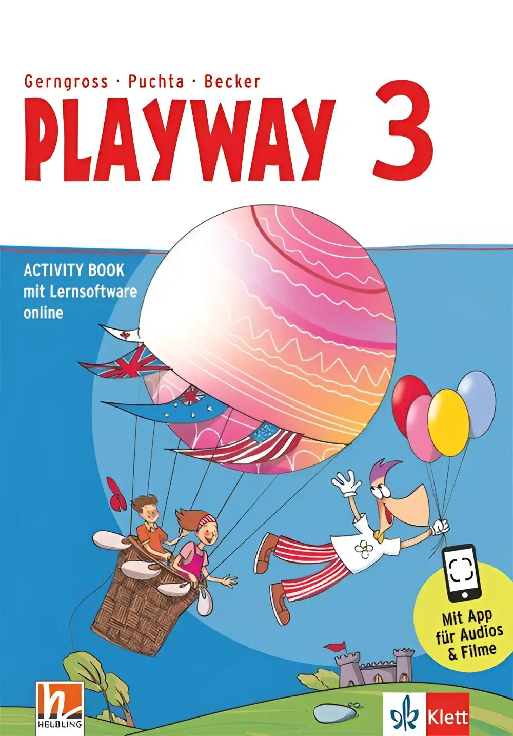 Activity book playway ab klasse 3 met kleurrijke luchtballonillustratie en online leeromgeving voor Duitse regio s