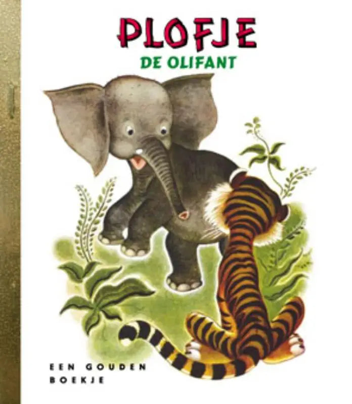 Kinderboek cover plofje de olifant met grijze olifant en oranje tijger voor jonge lezers