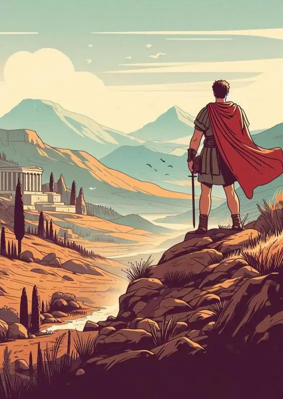 Een romeinse soldaat met een rode cape staat op rotsachtig terrein en houdt een zwaard vast plus ultra