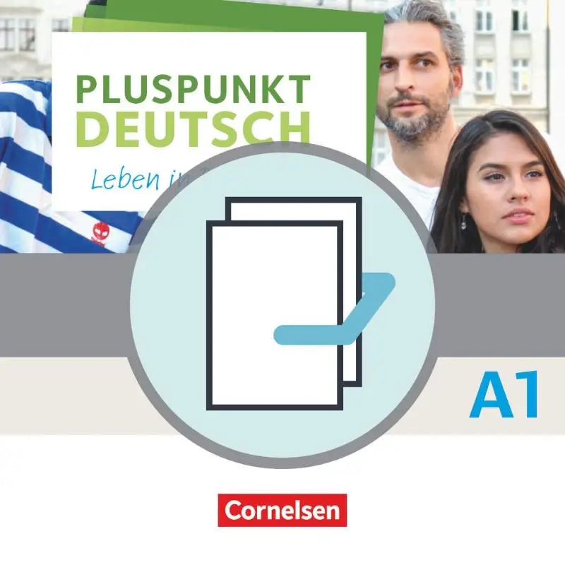 Minimalistische grafische icoon van pluspunkt deutsch arbeitsbuch und kursbuch met witte pagina’s en blauwe hand binnen cirkel