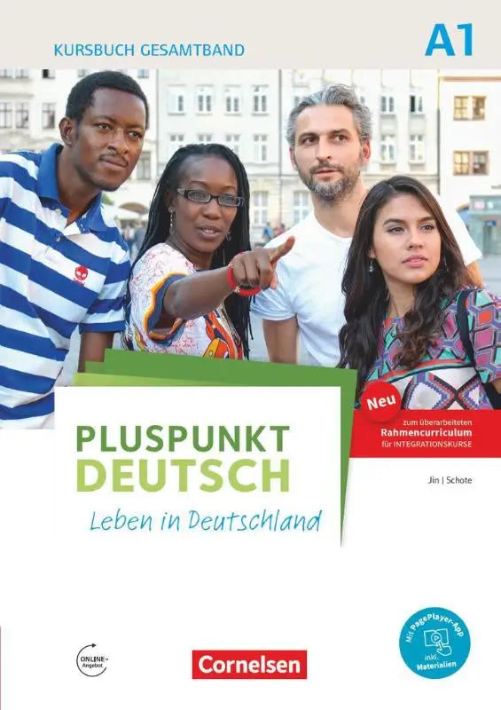 Cover van het pluspunkt deutsch a1 cursusboek van cornelsen met vier diverse personen tegen stadsachtergrond binnen dezelfde reeks