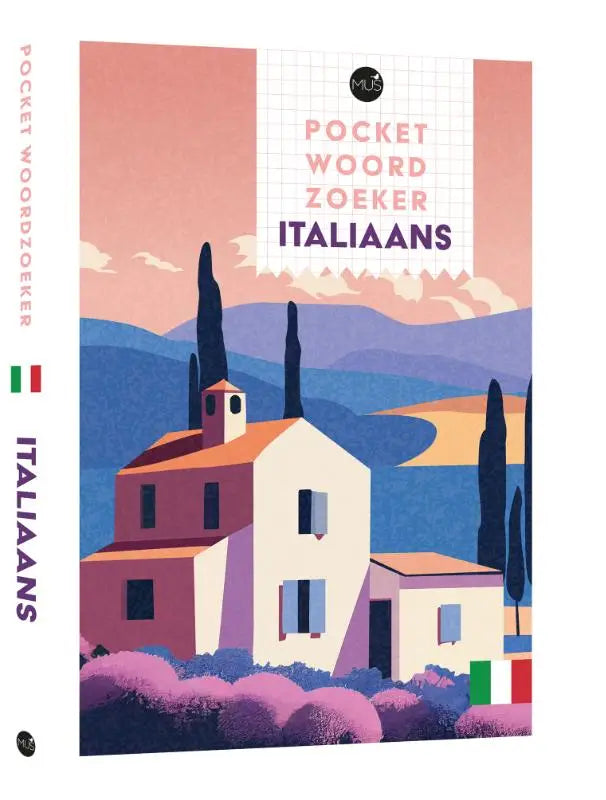 A soft pink and purple illustrated pocket woordzoeker italiaans with vintage italian village design on the cover