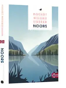 Een stapel van drie pocket woordzoeker noors boeken met witte kaften en een minimalistisch berglandschapontwerp