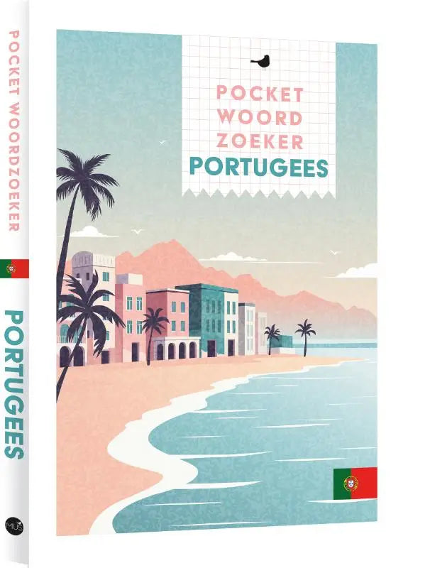 Compact illustrated pocket woordzoeker portugees with pastel beachscape cover featuring palm trees and colorful buildings