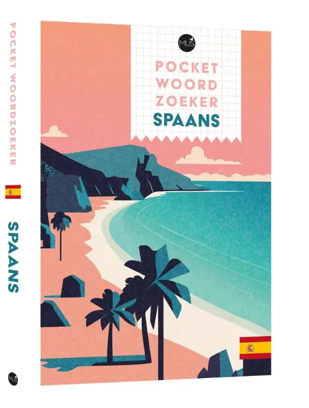 Een pocket woordzoeker spaans met roze en blauwgroene illustratie en een kustscène met palmbomen