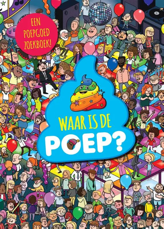 A kleurrijk cartoonachtig poepfiguurtje met glimlachend gezicht en sterrenpatroon voor jonge lezers in waar is de poep
