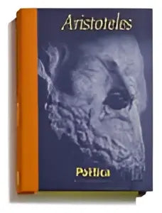 Hardcover editie van aristoteles politics met gegraveerd grijs portret op donkerblauwe cover en gouden letters van historische uitgeverij groningen