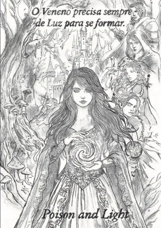 Een gedetailleerde zwart-wit illustratie van een fantasy boekomslag voor poison and light ed editie met een vrouw en een zwellende bol