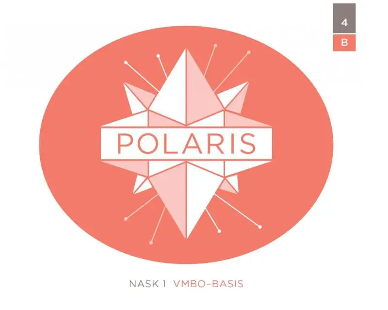Polaris logo met geometrisch sterontwerp in wit en lichtroze op een koraal ovaal achtergrond