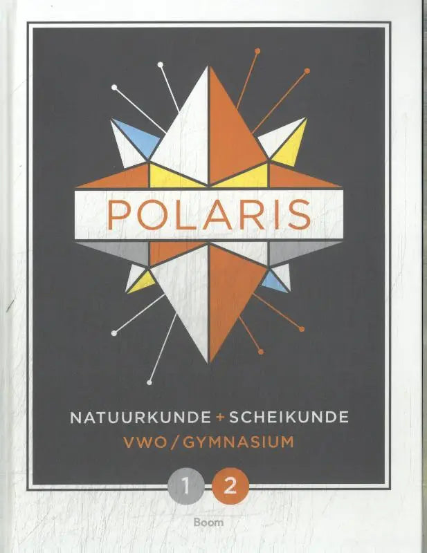 De polaris nask schoolboek cover met een geometrisch sterontwerp in wit, oranje, geel en blauw op een donkergrijze achtergrond