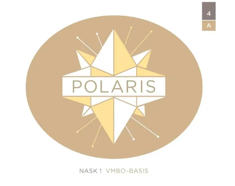 Polaris nask1 logo met geometrisch sterontwerp in wit en goud op beige ovale achtergrond voor merkidentiteit