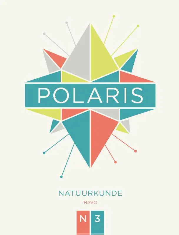 Het polaris natuurkunde logo toont een geometrische ster van in elkaar grijpende driehoeken in teal, geel, rood en grijs