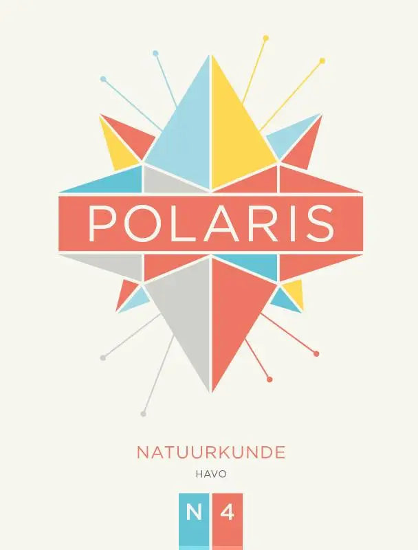Kleurzaam geometrisch logo van polaris natuurkunde met witte tekst op oranje banner omgeven door overlappende driehoeken