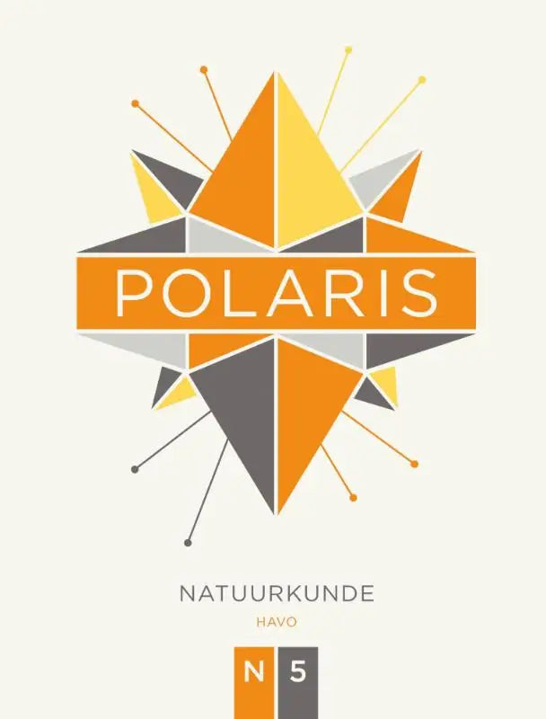 De polaris natuurkunde leerboek havo 5 toont een oranje banner met witte tekst en een geometrisch sterlogo met oranje en grijze vlakken