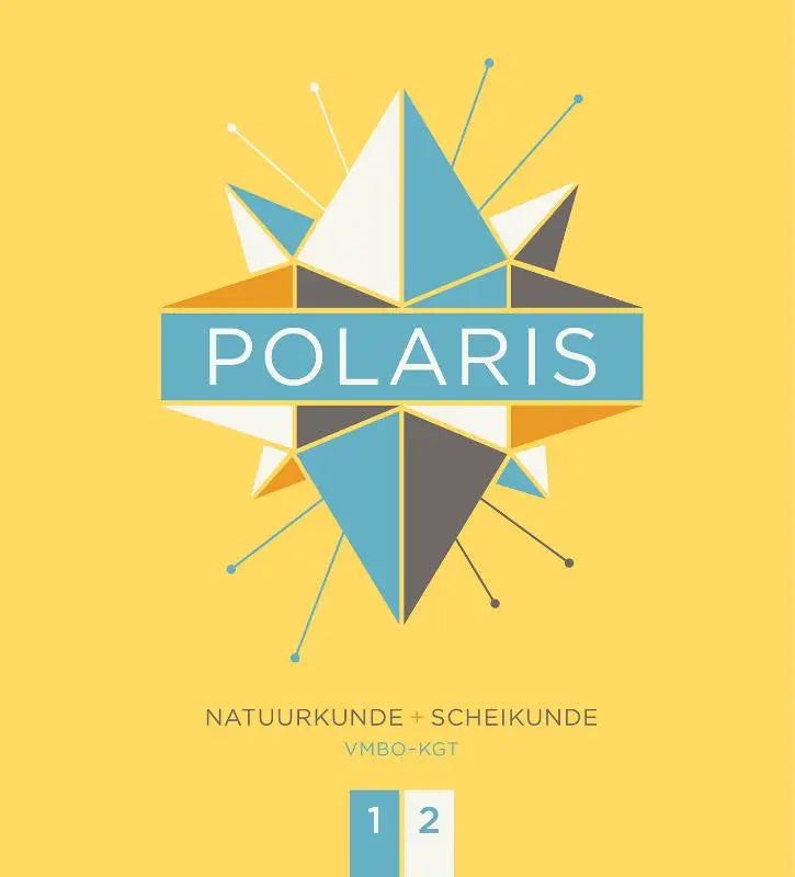 Omslag van het Polaris educatief leerboek natuurkunde en scheikunde met geometrisch sterrenontwerp in blauw, wit en grijs op gele achtergrond