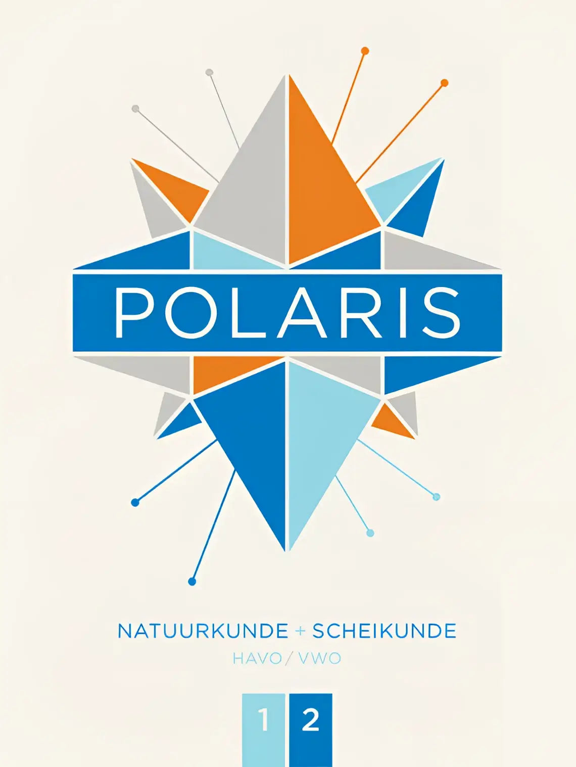 Polaris logo met geometrisch sterrenontwerp van blauwe, oranje en grijze driehoeken voor natuurkunde en scheikunde