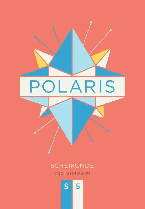 Stijlvol geometrisch logo met blauwe en gele driehoeken en de tekst polaris scheikunde in vet groene letters op witte banner