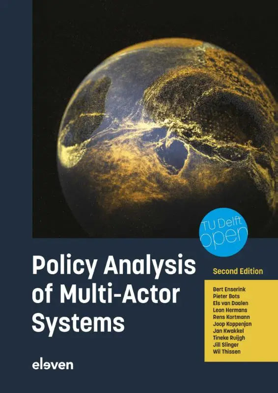 De boekomslag van policy analysis of multi-actor systems door bert enserink toont de aarde in gouden licht op een donkerblauwe achtergrond
