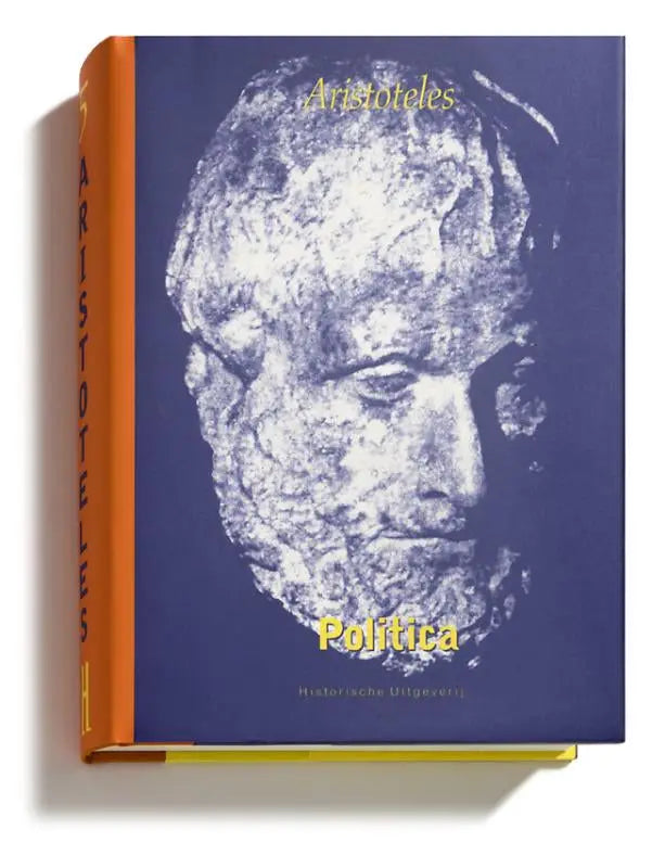 Een luxe hardcover boek politica met een blauw leren omslag en een wit stenen aristoteles portret, historische uitgeverij groningen, nederlandse vertaling filosofie algemeen
