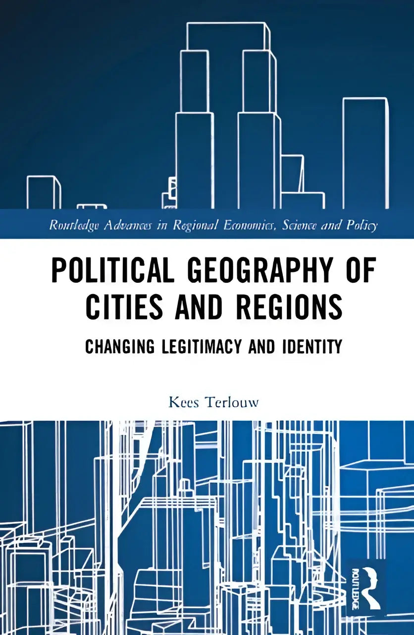 Blauw-wit boekomslag met architecturale lijnen van stadsgezichten voor politieke geografie van steden en regio’s over legitimiteit en identiteit