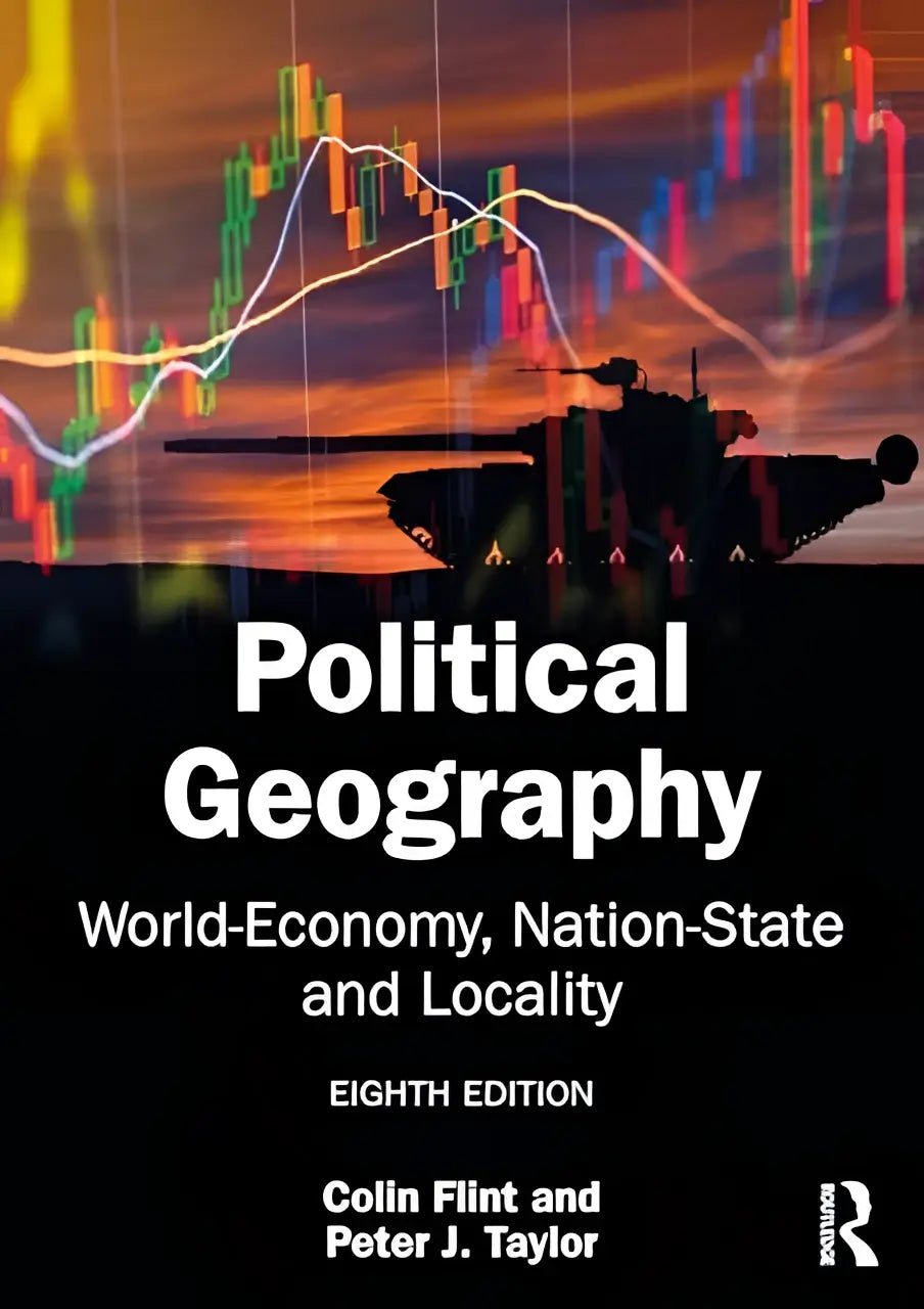 De boekcover van political geography toont een zwarte tank tegen een oranje en rode financiële grafiek over global climate change