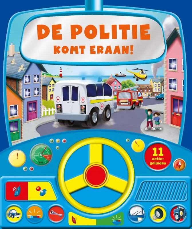 Blauw interactief kinderspeelgoed auto dashboard met geel stuur en kleurrijke knoppen voor politie komt eraan jonge lezers