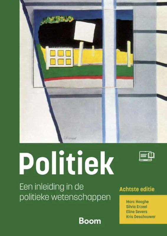 Groene boekcover van Politiek met de titel in witte letters en een abstracte schildering door eline severs, kris deschouwer, marc hooghe