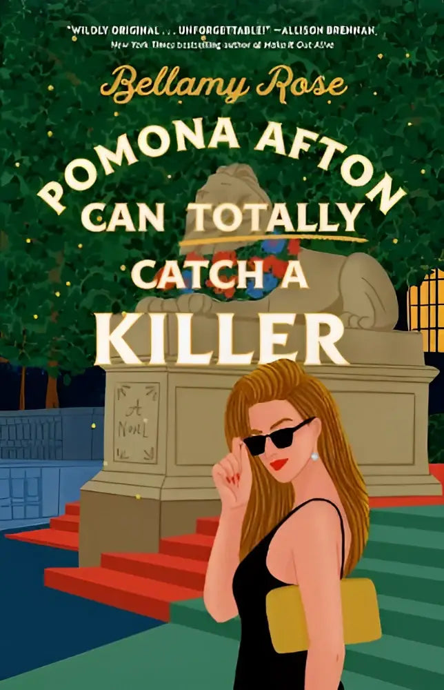 Stylish book cover of pomona afton can totally featuring a woman in black and sunglasses by a stone statue on red steps