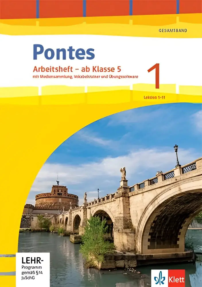 Yellow-covered pontes gesamtband 1 workbook for class 5 featuring stone bridge and castle illustration with mediensammlung und vocabulary trainer