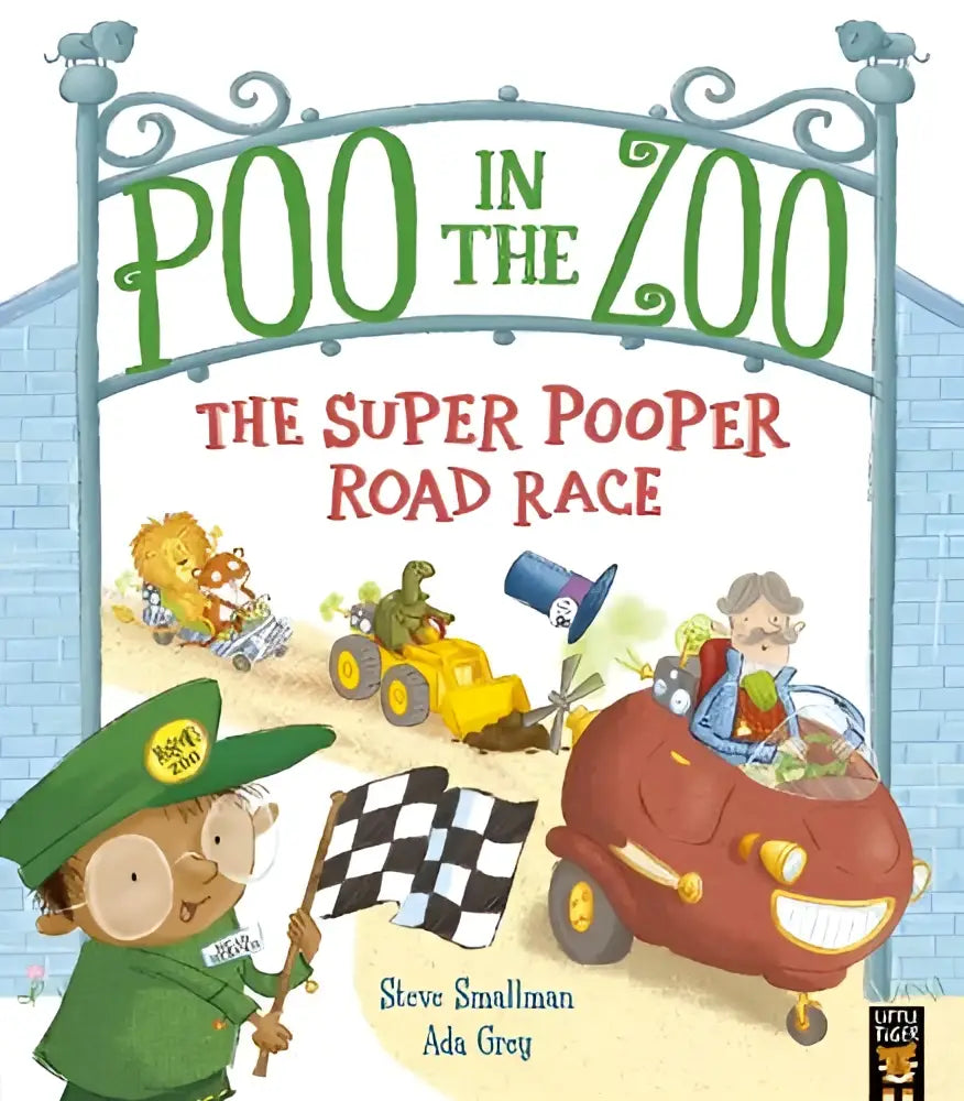 Cover of the children’s book Poo in the Zoo The Super Pooper Road Race showing colorful characters racing at the zoo