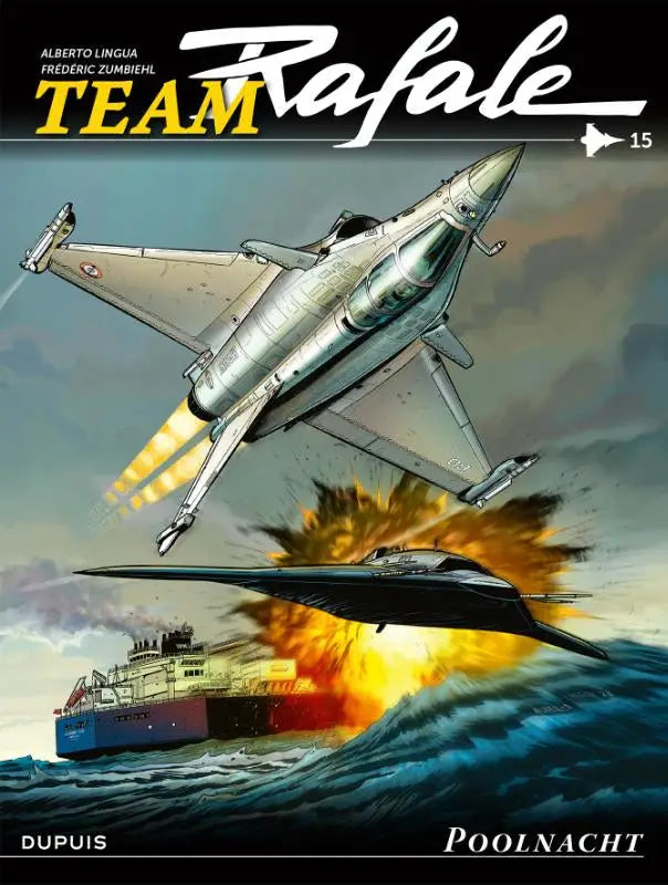 Zilverkleurige en grijze rafale straaljager in dynamische vlucht boven brandend schip team rafale frederic zumbiehl strips algemeen poolnacht