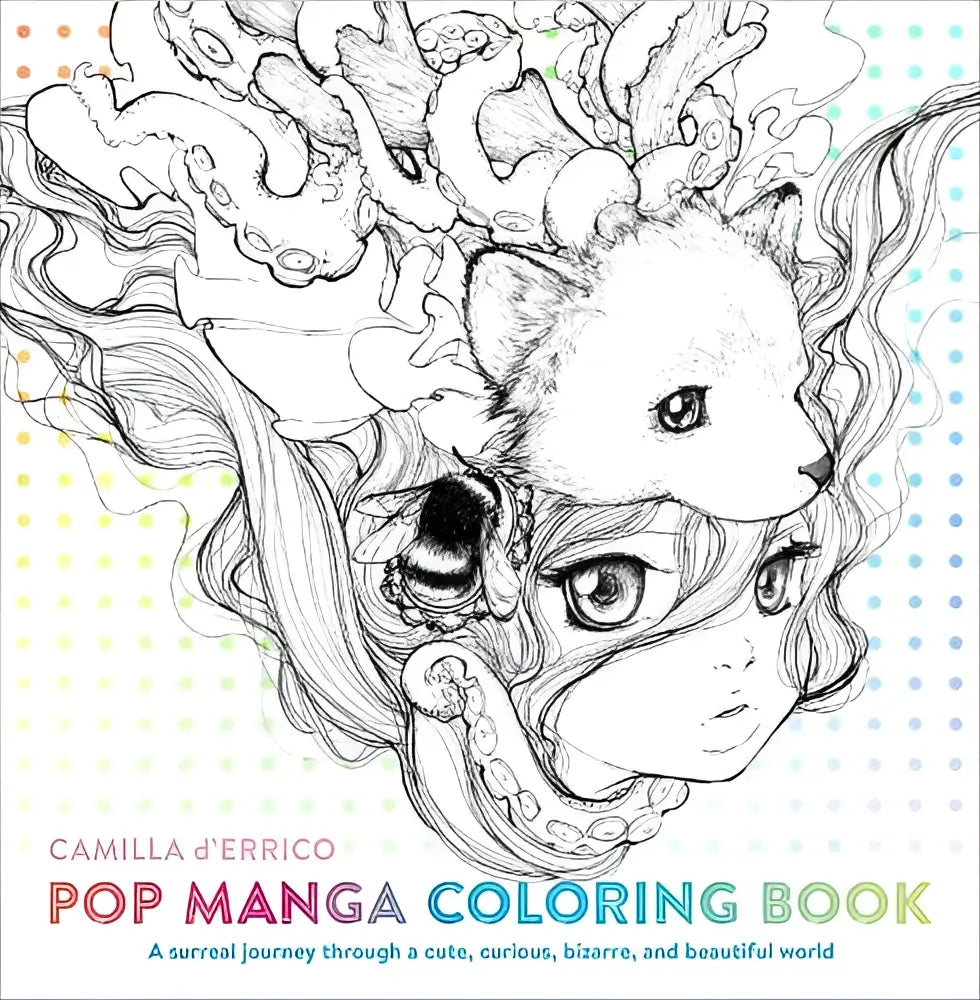 Een zwart-wit pop manga coloring book met een surrealistisch ontwerp van een vos, bij en octopus in vloeiende lijnen