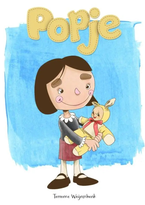 Popje reist met een gele konijnendool met rode strik vastgehouden door een cartoonmeisje voor jonge lezers