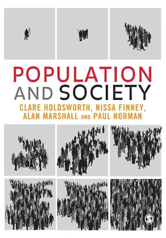 De boekcover van population and society toont rood en zwart tekst met grijze silhouetten van mensen in groepen op witte achtergrond