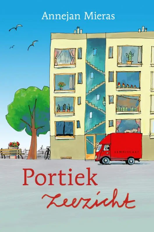 Rode leveringsbus met lemmens aaf geparkeerd voor portiek zeezicht appartement door annejan mieras
