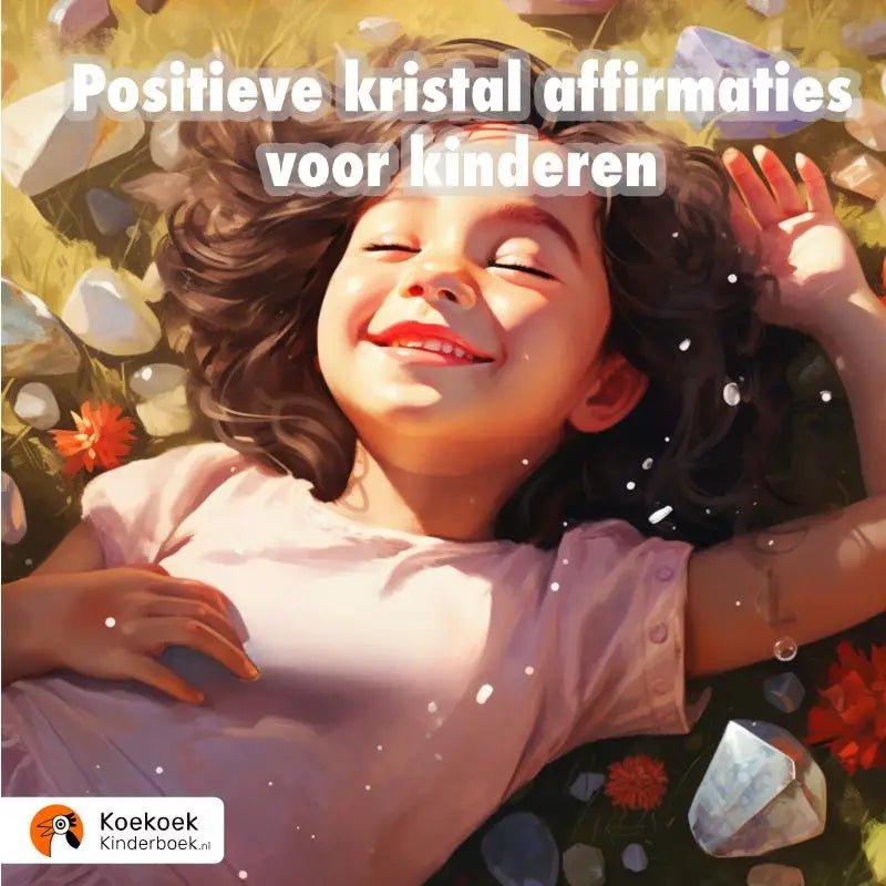 Een jong meisje met donkere krullen en een glimlach ligt tussen sprankelende kristallen bij positieve kristal affirmaties