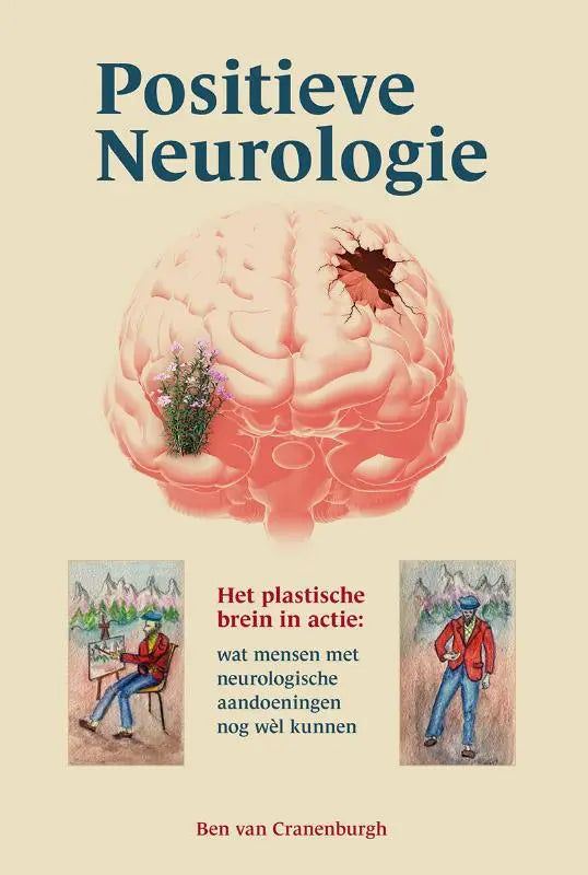 Gestileerde illustratie van een plastische brein in roze tinten met scheur en paarse bloemen voor positieve neurologie bij neurologische aandoeningen