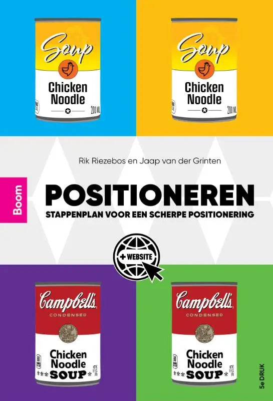 Campbells gecondenseerde kippensoep blikken in rood wit en goud verpakkingen bij positioneren van rik riezebos koninklijke boom uitgevers