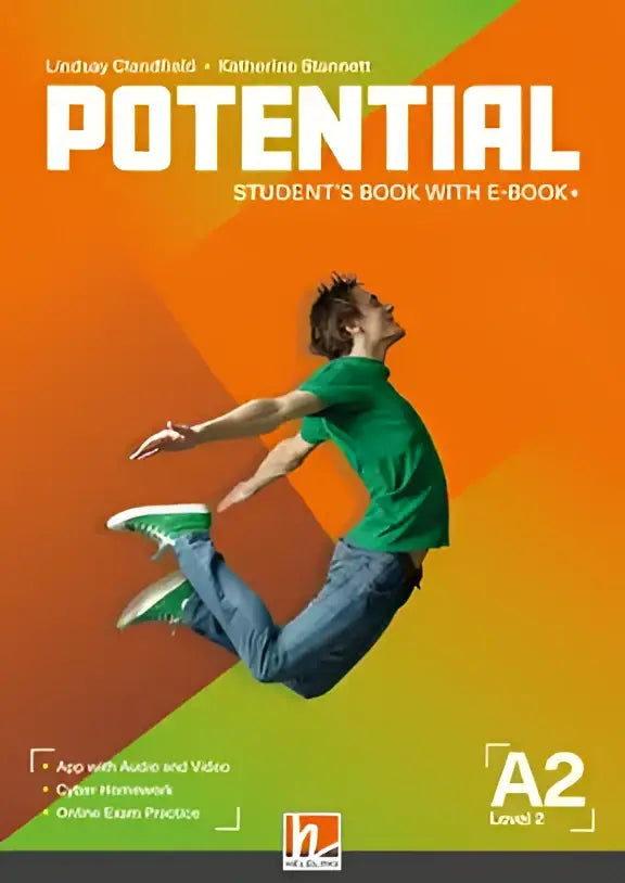 De voorkant van het Potential A2 student’s boek met e-book toont een jonge man in groene T-shirt en spijkerbroek in de lucht