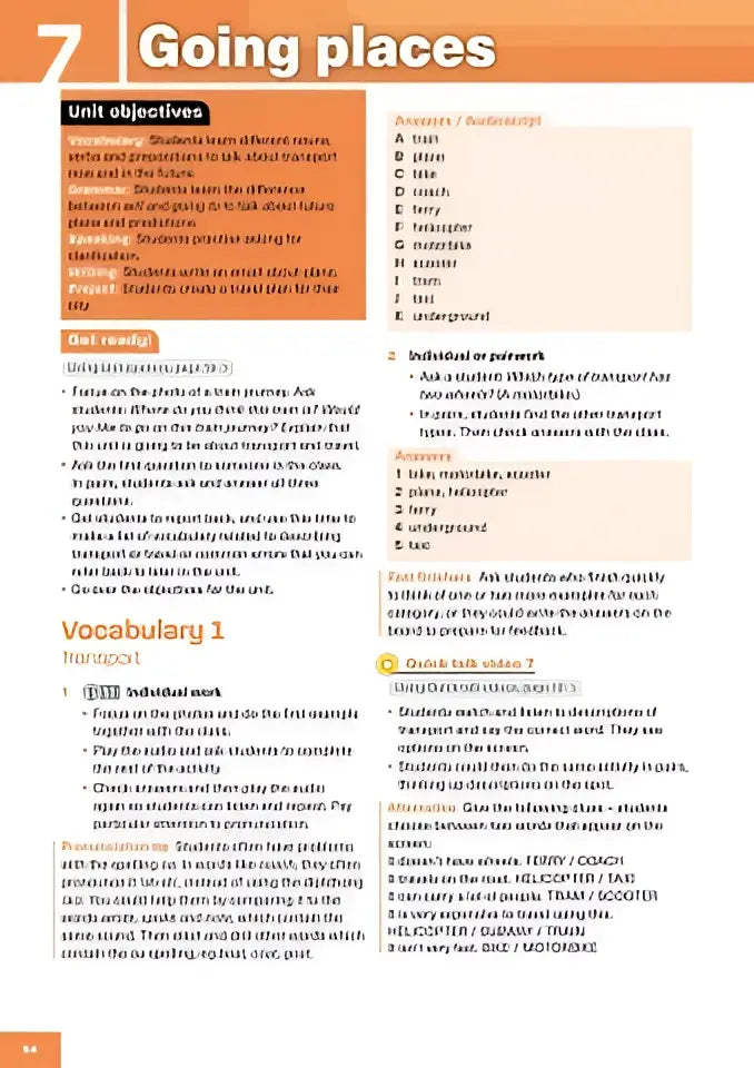 Pagina uit potential a2 werkboek engels met unitdoelen, vocabulaire en oefeningen over vervoer en reizen
