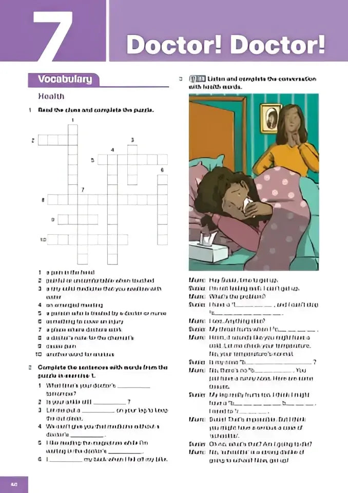 Doctor doctor werkbladpagina met paarse koptekst en vocabulaire over gezondheid uit potential b1 studentenboek
