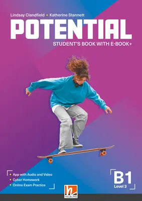 De voorkant van het potential b1 level 3 studentenboek met e-book plus toont een persoon op een skateboard in een blauw shirt