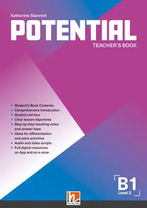 De cover van het potential b1 teacher’s book door Katherine Stannett met een levendig geometrisch ontwerp in roze en blauw